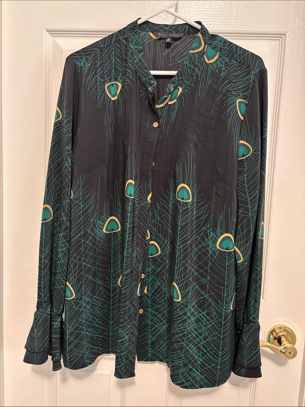 Black Peacock-Print Button Down Shirt with Teal Accents